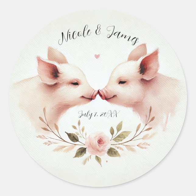 Pink Pigs Snout to Snout Floral Rustic Wedding Classic Round Sticker (Front)