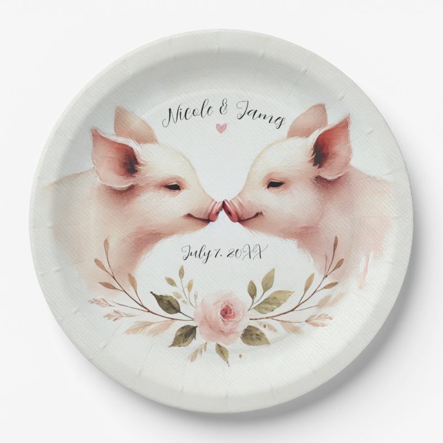 Pink Pigs Snout to Snout Floral Rustic Wedding Paper Plate (Front)