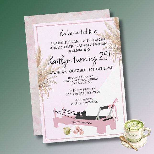 Pink Pilates & Matcha (any age) 25th Birthday  Invitation (Creator Uploaded)