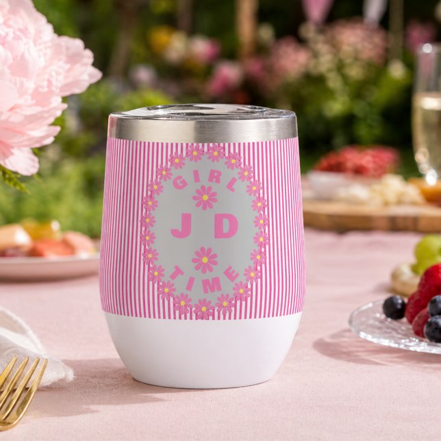 Pink Pin Striped With Oval Daisy Centre (Hot or cold, it’s always GIRL TIME Customize your initials and sip in style. The sweetness of Pink.)