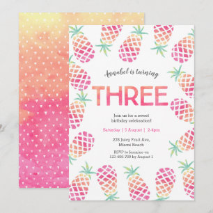 Pink pinapple tropical 3rd  birthday Invitation