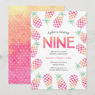 Pink pinapple tropical 9th birthday Invitation