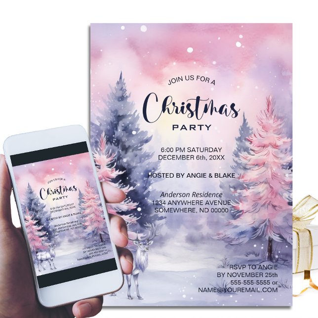 Pink Pine Trees Christmas Party Invitation (Creator Uploaded)