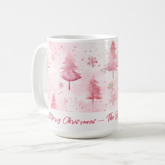 Pink Pine Trees Watercolor Christmas Coffee Mug (Front Left)