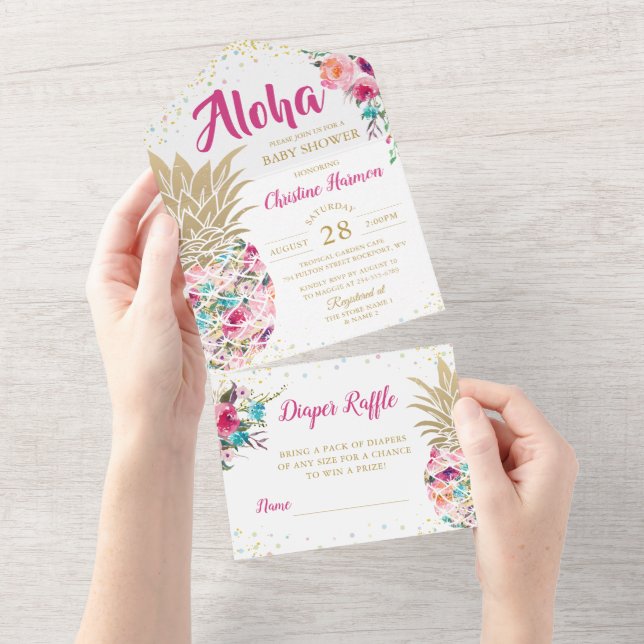 Pink Pineapple Floral Baby Shower & Diaper Raffle All In One Invitation (Tearaway)