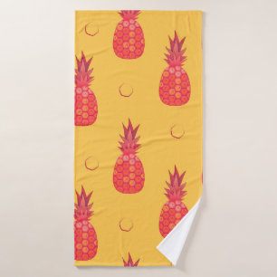 Pink pineapple on orange background. Seamless patt Bath Towel