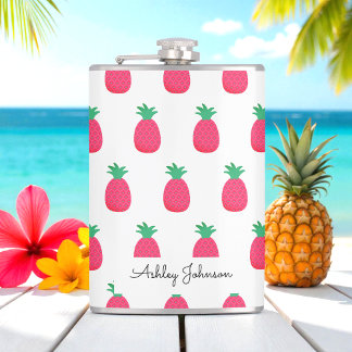 Pink Pineapple Pattern Cute White Hip Flask