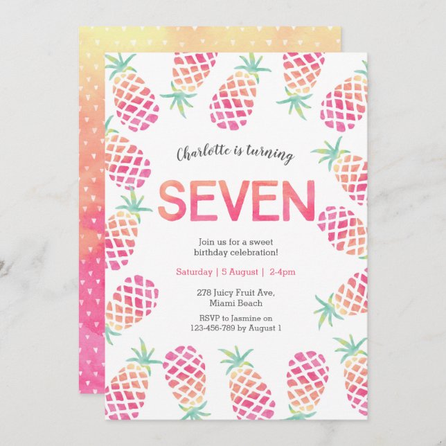 Pink pineapple tropical 7th birthday Invitation (Front/Back)