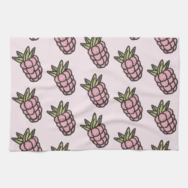 Pink Pineapple Tropical Fruits Botanical Summer Tea Towel (Horizontal)