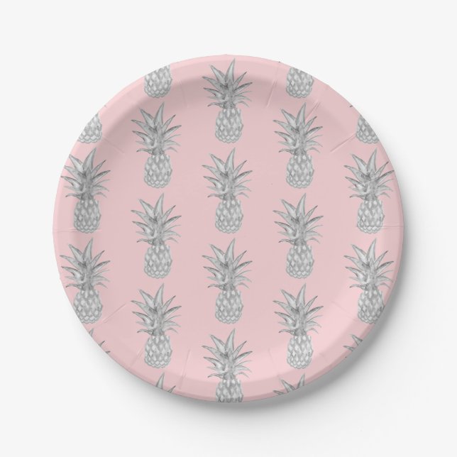 Pink Pineapple Tropical Pattern  Paper Plate (Front)