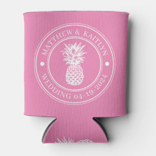 Pink Pineapple Wedding Crest & Name Can Cooler