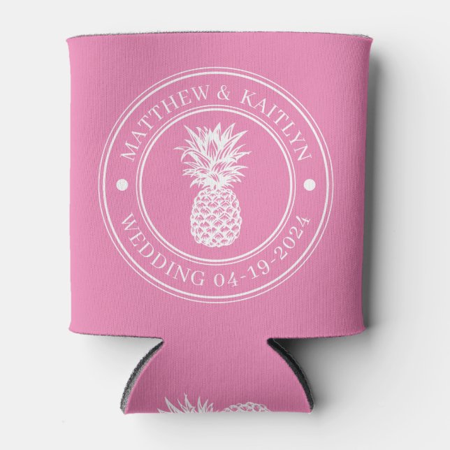 Pink Pineapple Wedding Crest & Name Can Cooler (Front)