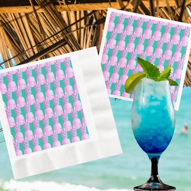 Pink Pineapples Caribbean Blue   Napkin (Festive pink pineapple paper napkins!)