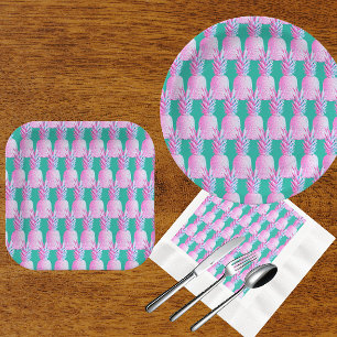 Pink Pineapples Caribbean Blue   Paper Plate
