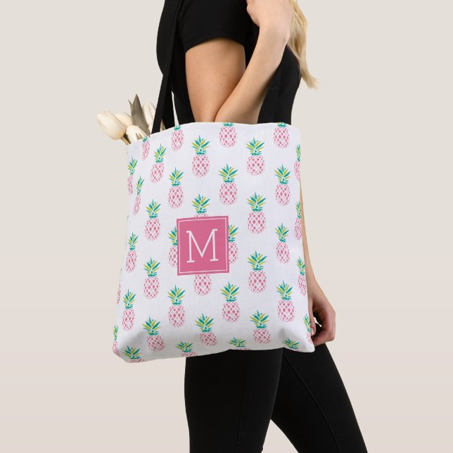 Pink Pineapples Monogrammed Tote Bag (Close Up)