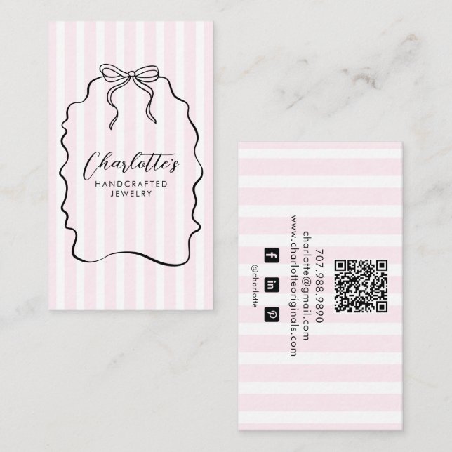 Pink Pinstripe Ribbon Doodle Jewellery Designer Business Card (Front/Back)