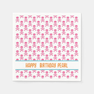 Pink Pirate Crossbones Modern Happy Birthday NAME  Napkin