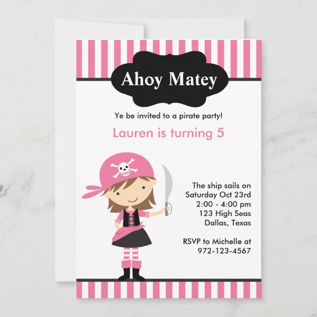 Pink Pirate Girl Birthday Invitations (Front)