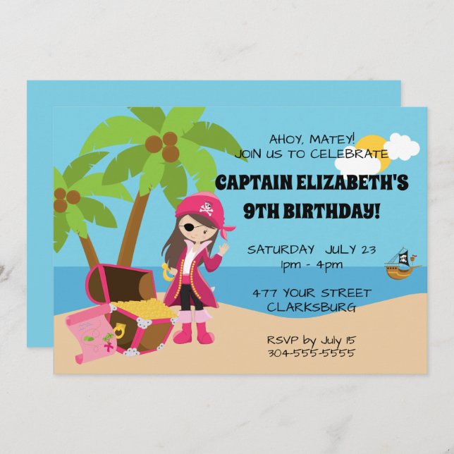 Pink Pirate Girl Birthday Party Invitation (Front/Back)
