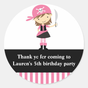 Pink Pirate Girl Birthday Stickers