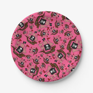 Pink pirate ship pattern paper plate