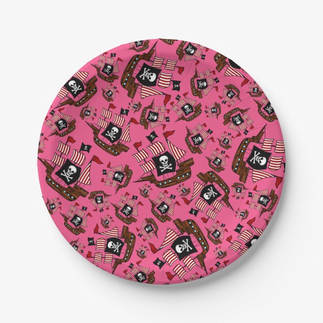 Pink pirate ship pattern paper plate (Front)