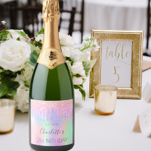 Pink pirple holographic glitter drips birthday sparkling wine label