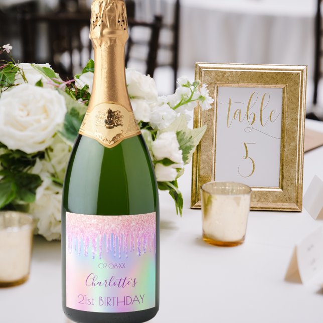 Pink pirple holographic glitter drips birthday sparkling wine label (Creator Uploaded)