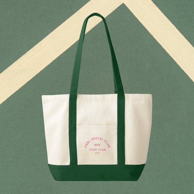 Pink PKBL Social Club Crest Pickleball Green Trim Tote Bag (Creator Uploaded)