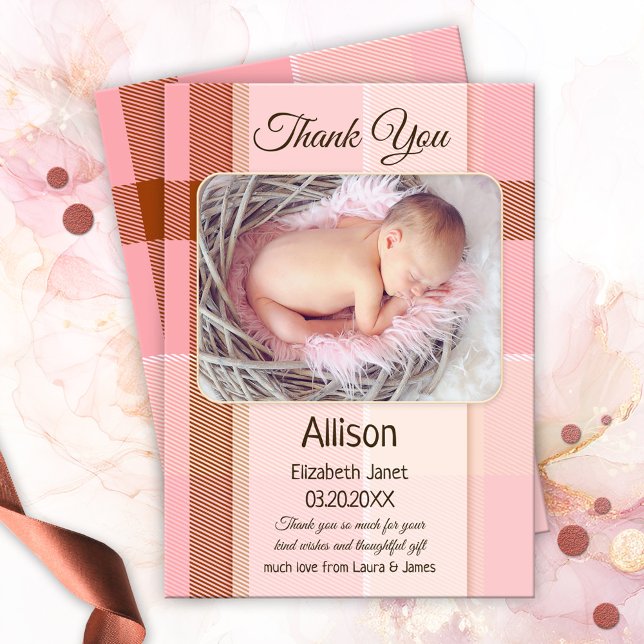 Pink Plaid Baby Girl Photo Thank You Card (Baby Thank You card with a photo of your own baby girl on a pink pastel with chocolate plaid)