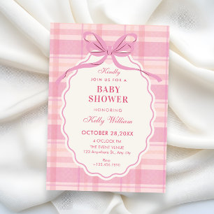 Pink plaid bow baby shower invitation