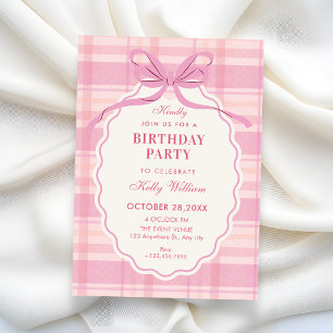 Pink plaid bow birthday invitation