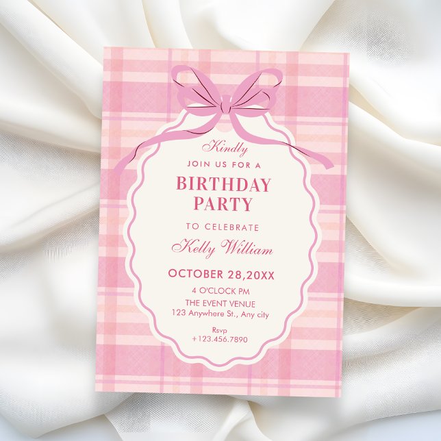 Pink plaid bow birthday invitation (Creator Uploaded)