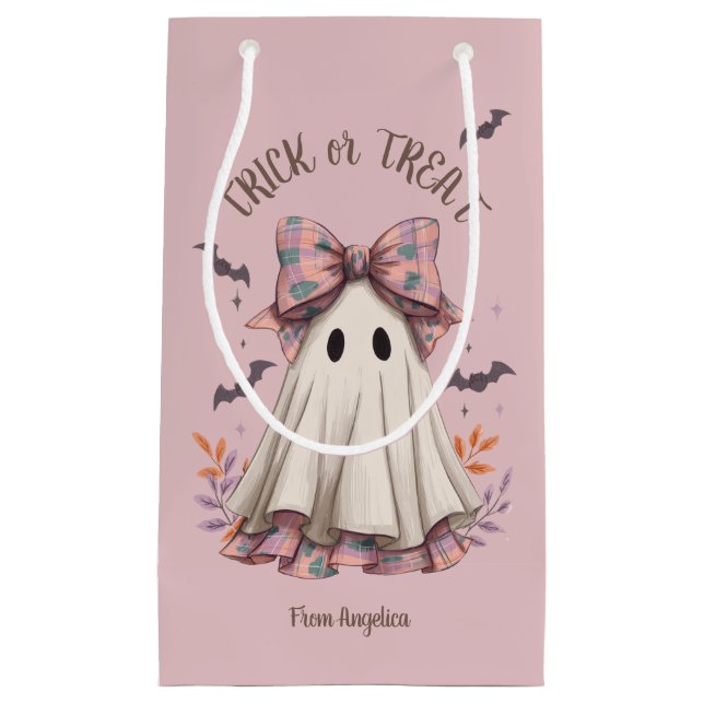 Pink Plaid Bow Cute Ghost Girl Halloween Treat Small Gift Bag (Front)