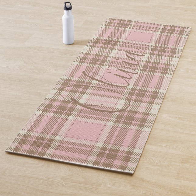 Pink Plaid Brown Plaid Watercolor Yoga Mat (In Situ)