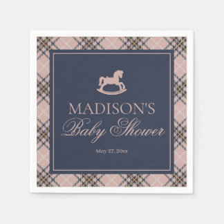 Pink Plaid Classic Rocking Horse Baby Shower Napkin