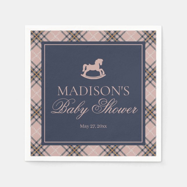 Pink Plaid Classic Rocking Horse Baby Shower Napkin (Front)