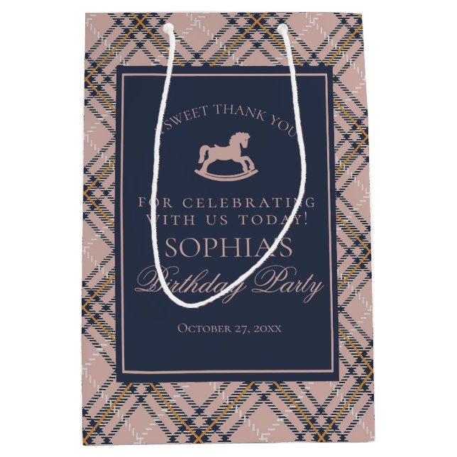 Pink Plaid Classic Rocking Horse Birthday Favor Medium Gift Bag (Front)