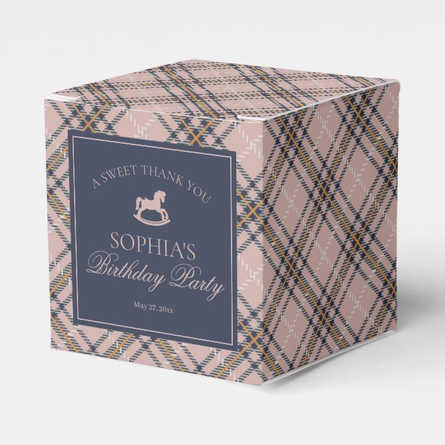 Pink Plaid Classic Rocking Horse Birthday Favour Box (Front Side)