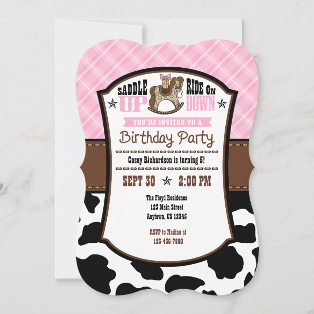 Pink Plaid Cowhide Cowboy Birthday Invite (Front)