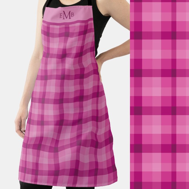 Pink Plaid Custom Monogram Initials Apron (Creator Uploaded)