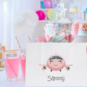 Pink Plaid Cute Aeroplane Girl Name Personalised Large Gift Bag
