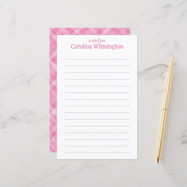 Pink Plaid Cute Lined Letter Paper Stationery (Front/Back In Situ)