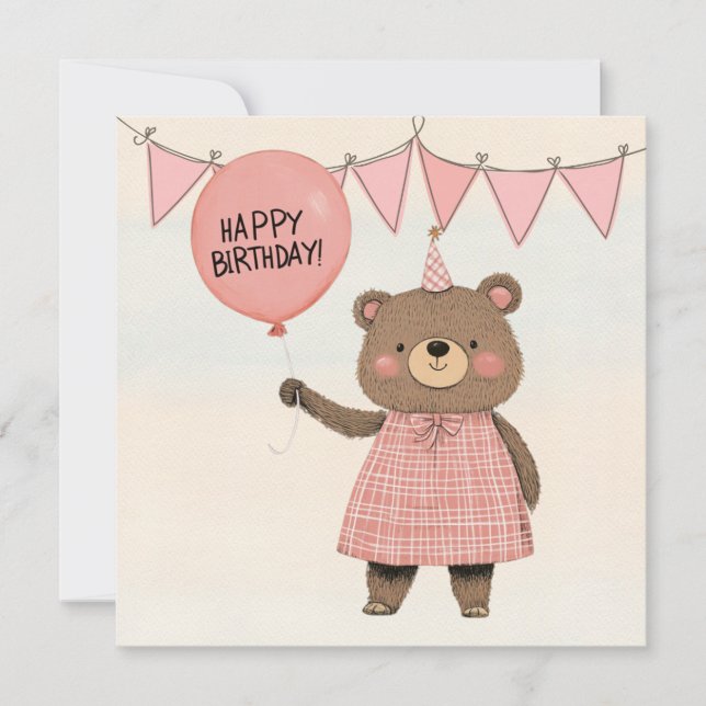 Pink Plaid Dress Bear with Bow and Hat Invitation (Front)