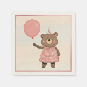 Pink Plaid Dress Bear with Bow and Hat Napkin