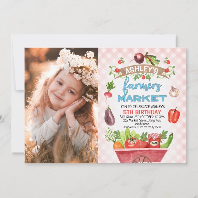 Pink Plaid Farmers Market Photo Birthday Invitation (Front)