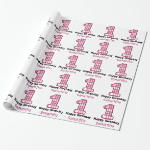 PINK PLAID First Birthday Custom Name A08 Wrapping Paper