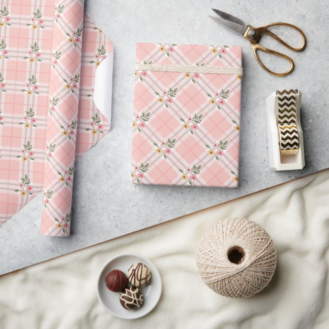 Pink Plaid Floral  Wrapping Paper (Crafts)