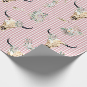 Pink Plaid Gingham Cow Skull Boho Wrapping Paper