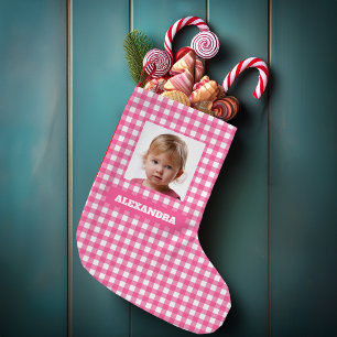 Pink Plaid Girl Photo & Name Rustic Gingham Checks Small Christmas Stocking